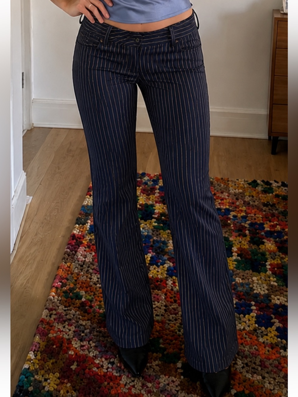 Vintage Striped Flared Low-Rise Pants - Black & White Pinstripe